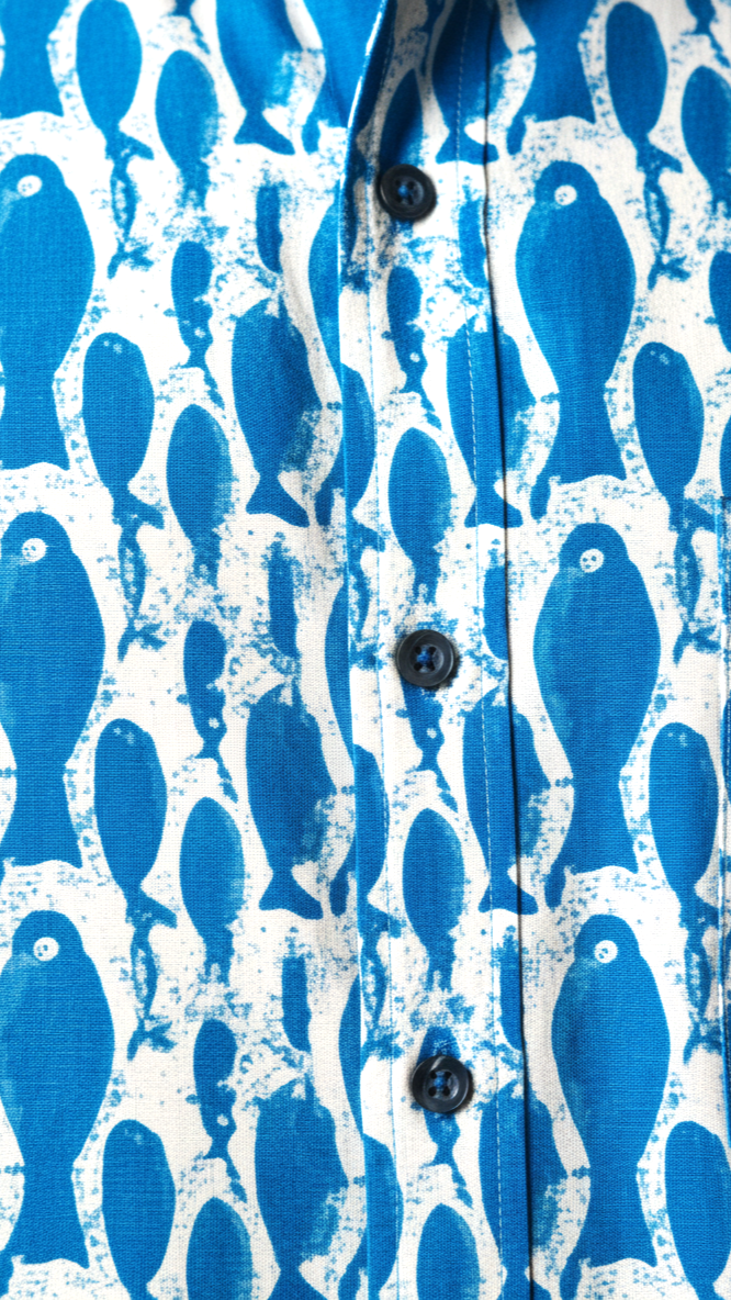 Men’s Aqua Blue Fish Print Casual Cotton Shirt