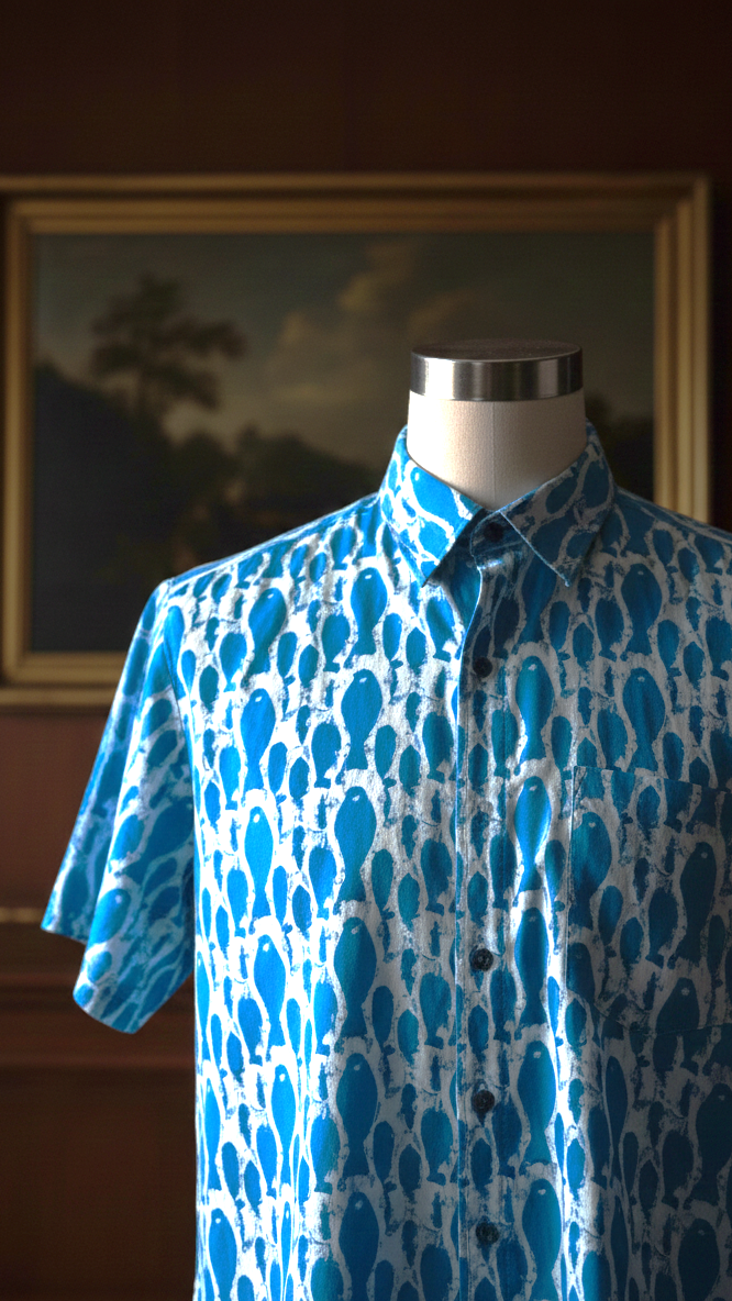 Men’s Aqua Blue Fish Print Casual Cotton Shirt