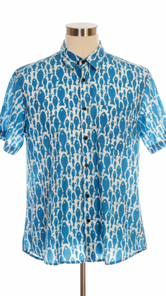 Men’s Aqua Blue Fish Print Casual Cotton Shirt