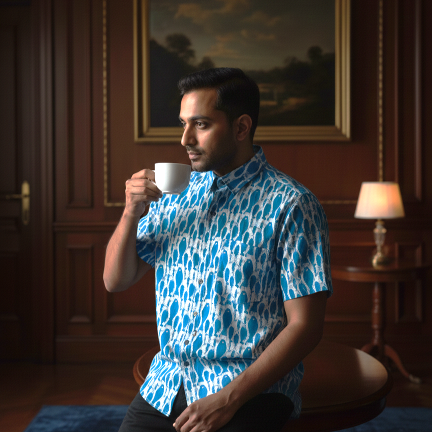 Men’s Aqua Blue Fish Print Casual Cotton Shirt