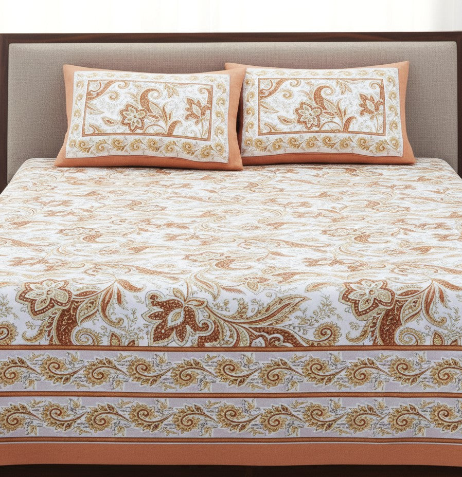 Terracotta Paisley Cotton Bedsheet Set- King Size (95X108 inches)