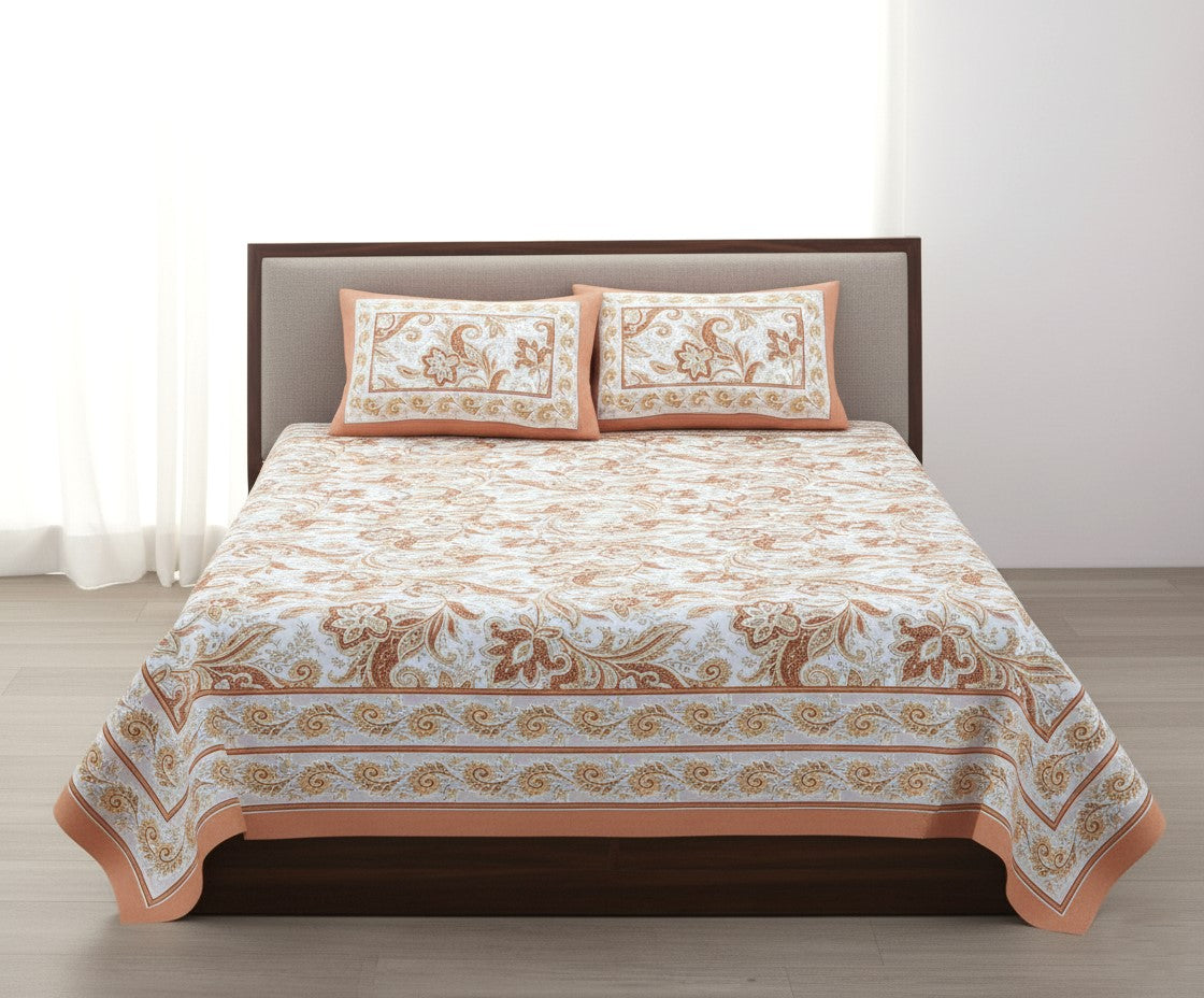 Terracotta Paisley Cotton Bedsheet Set- King Size (95X108 inches)