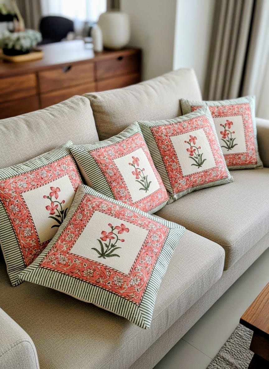 Peach Blossom & Sage Striped Heritage Cushion Cover | Set of 5