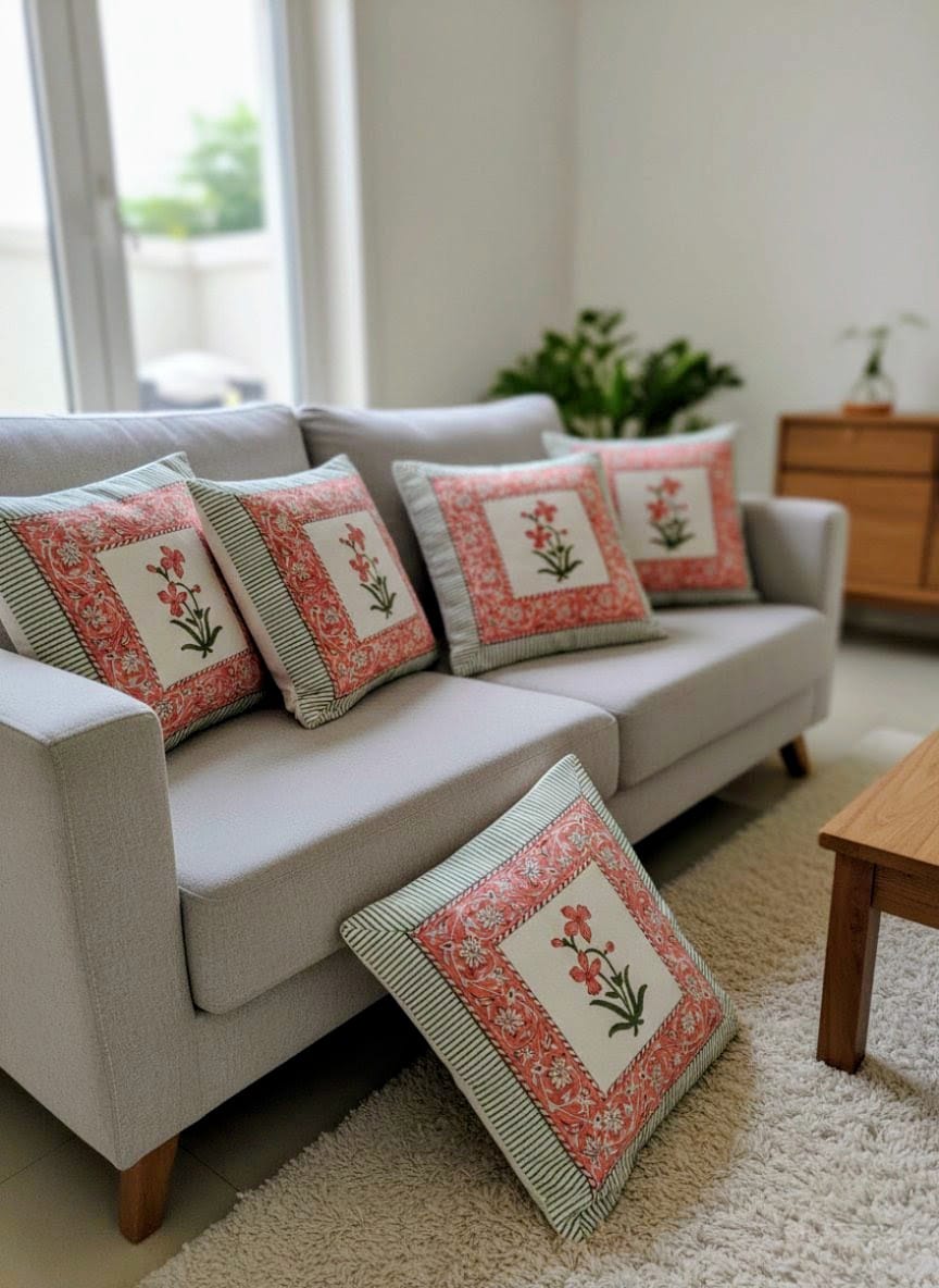 Peach Blossom & Sage Striped Heritage Cushion Cover | Set of 5