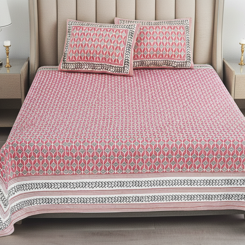 Jaipuri Pink Block Print Bedsheet Set (95 X 108 Inches)