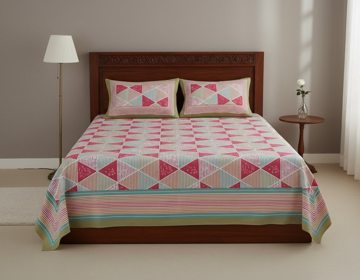 Retro Geometric Triangle Cotton Bedsheet Set- King Size (95X108 Inches)