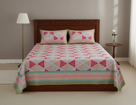 Retro Geometric Triangle Cotton Bedsheet Set- King Size (95X108 Inches)
