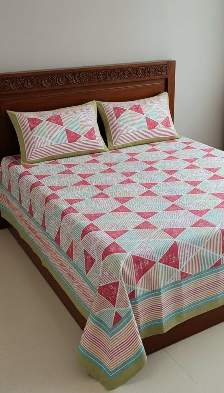 Retro Geometric Triangle Cotton Bedsheet Set- King Size (95X108 Inches)