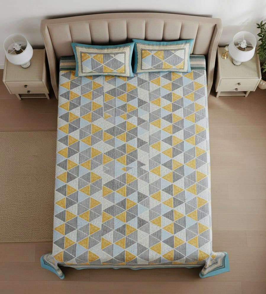 Modern Yellow & Blue Geometric Double Bedsheet- King Size (95X108 Inches)