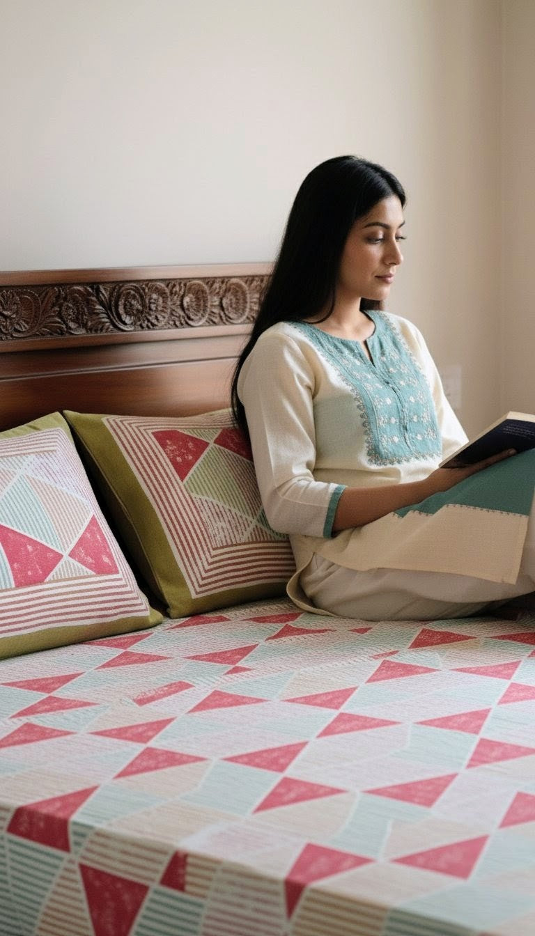 Retro Geometric Triangle Cotton Bedsheet Set- King Size (95X108 Inches)