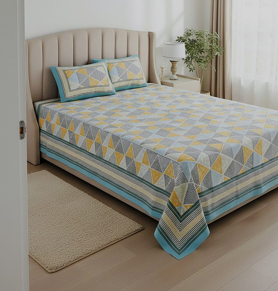 Modern Yellow & Blue Geometric Double Bedsheet- King Size (95X108 Inches)