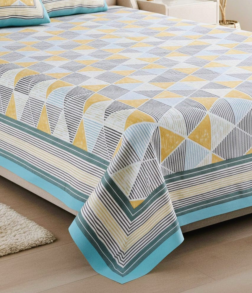 Modern Yellow & Blue Geometric Double Bedsheet- King Size (95X108 Inches)