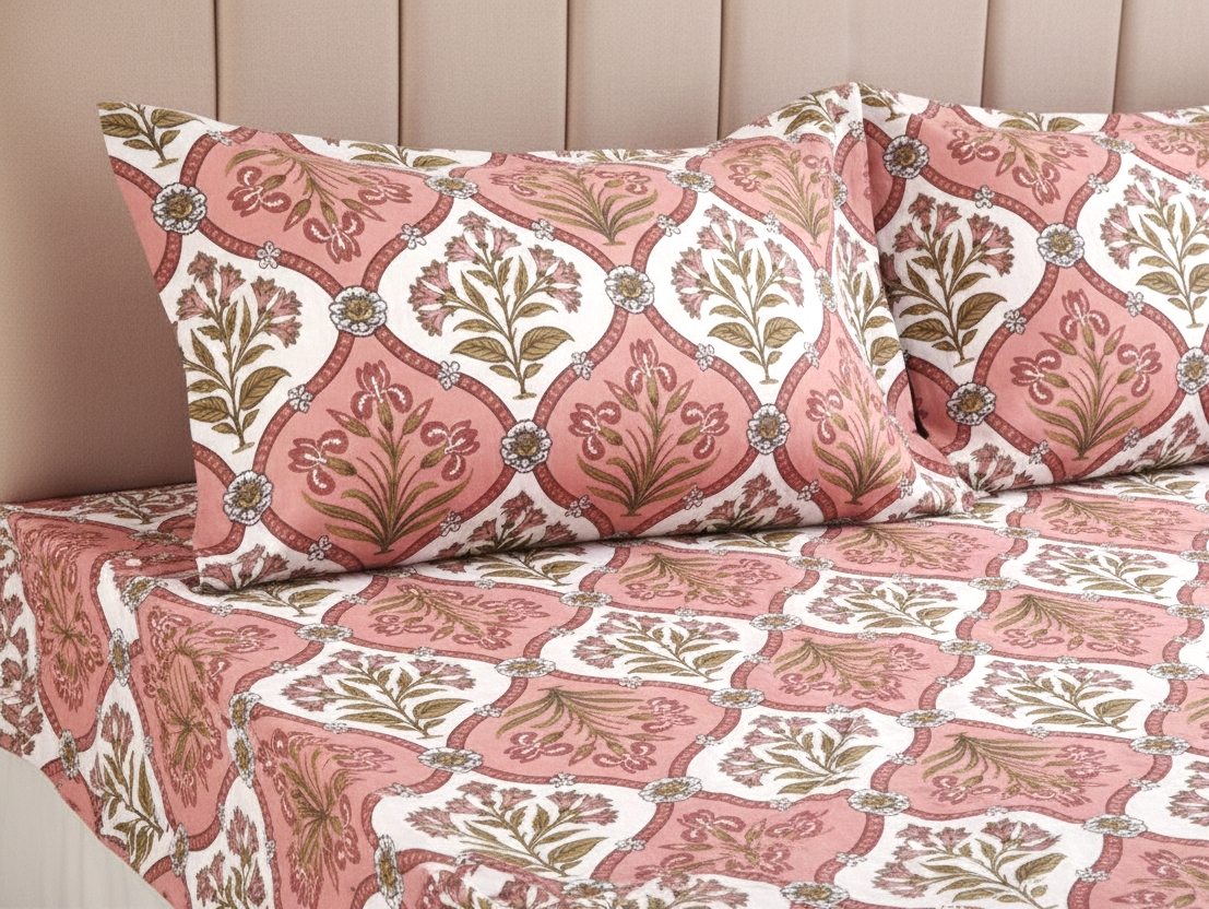 Traditional Rajasthani Floral Print Cotton Double Bedsheet (95x108 Inches)