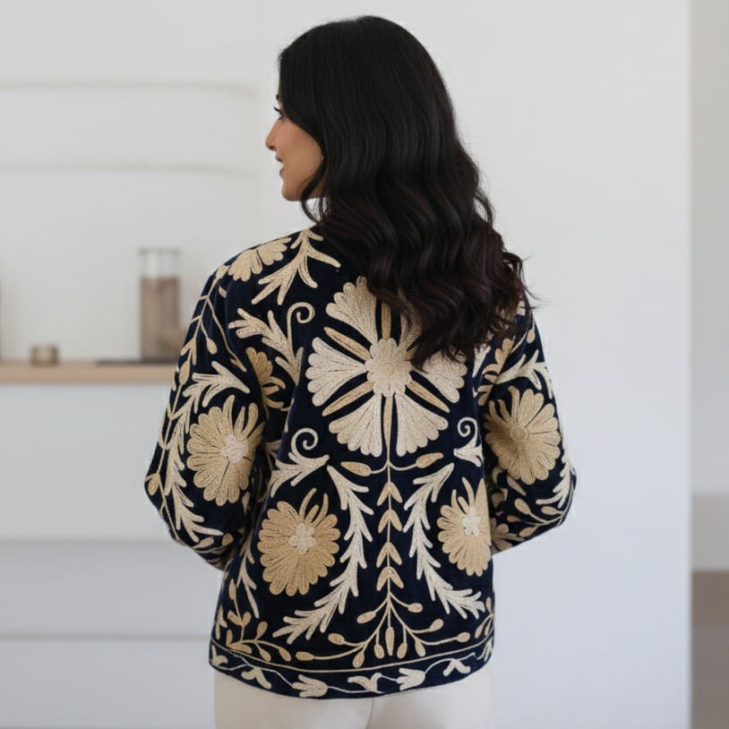 Dark Blue Velvet Jacket with Embroidery for Woman