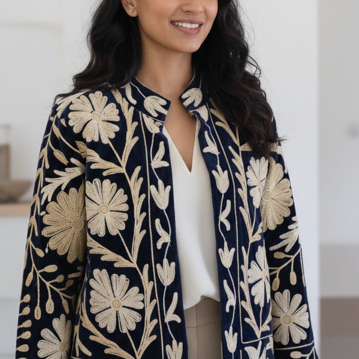 Dark Blue Velvet Jacket with Embroidery for Woman