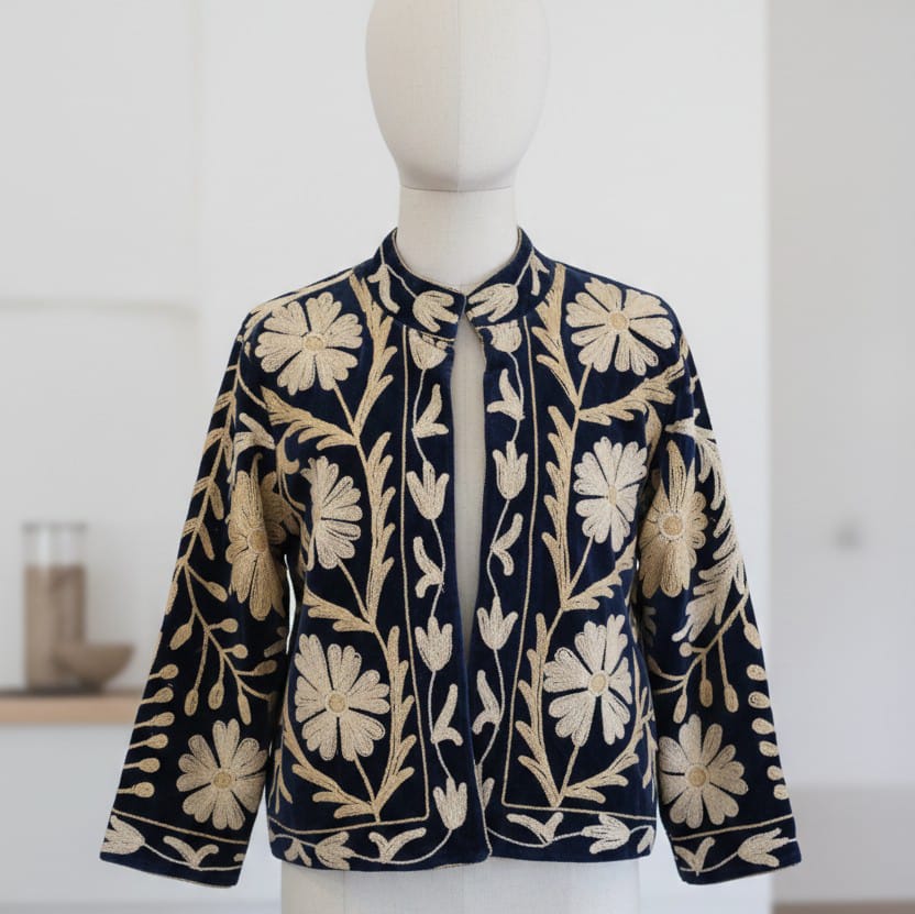 Dark Blue Velvet Jacket with Embroidery for Woman