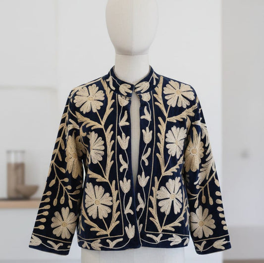 Dark Blue Velvet Jacket with Embroidery for Woman