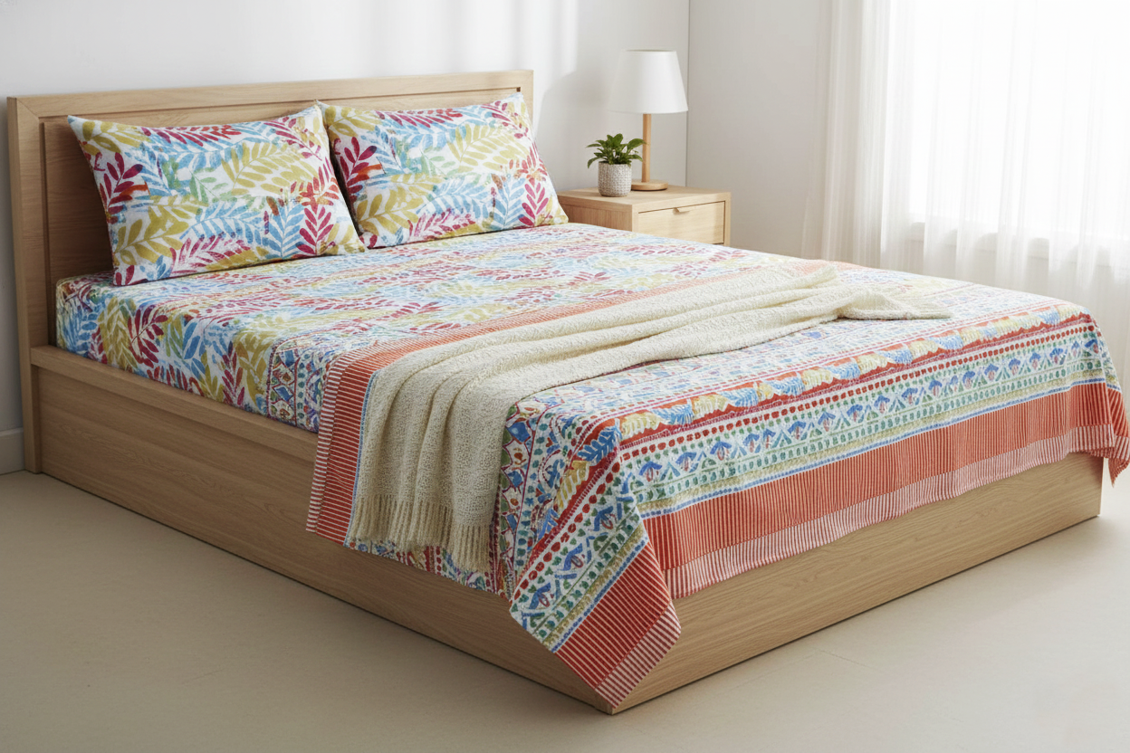 Vibrant Jaipuri Floral Double Bedsheet Set | King Size