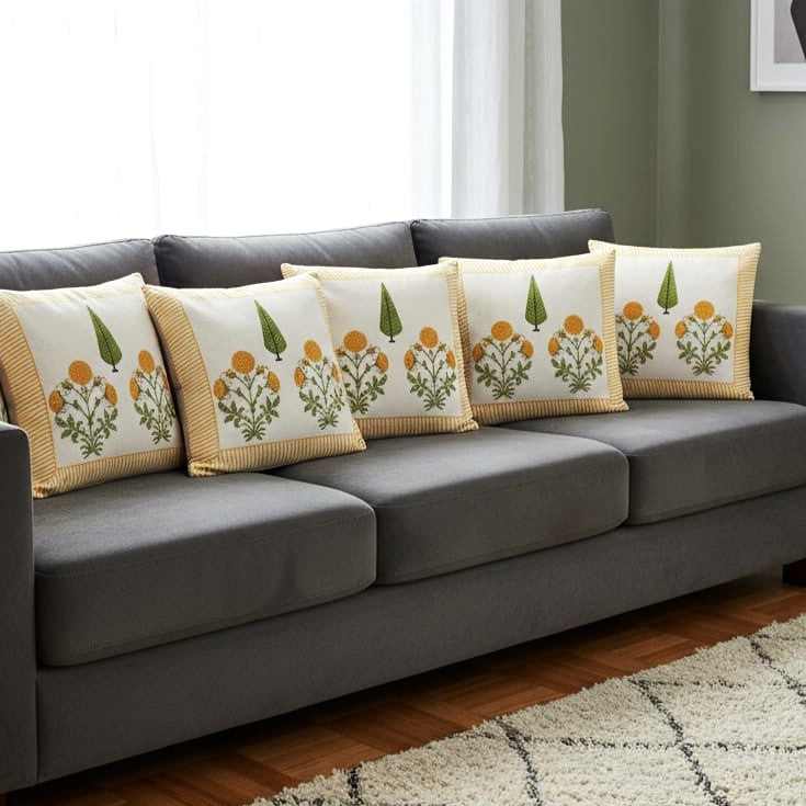 Hand-Block Print Mustard Floral Cotton Cushion Covers | 16x16"