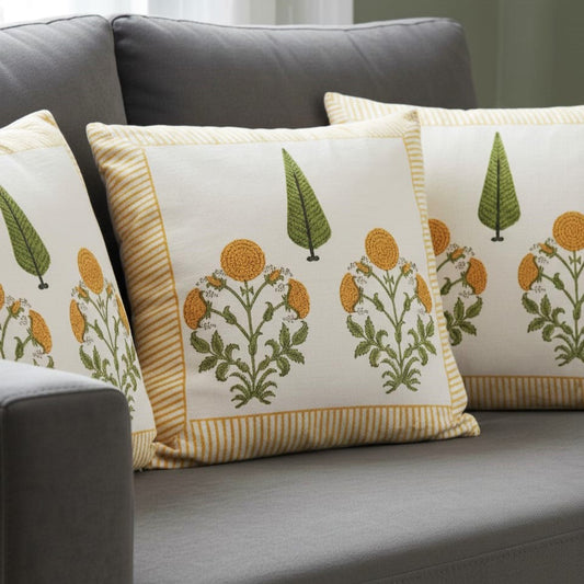 Hand-Block Print Mustard Floral Cotton Cushion Covers | 16x16"