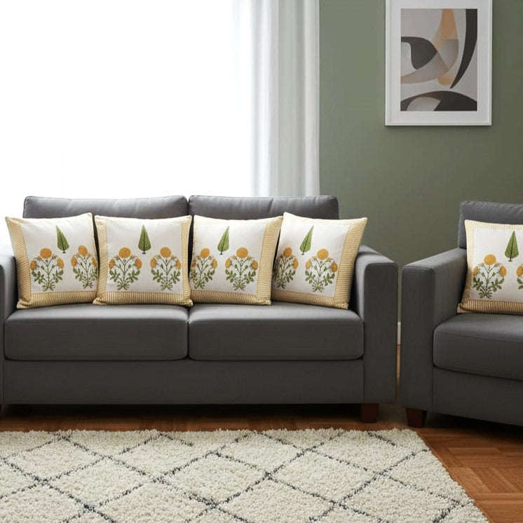 Hand-Block Print Mustard Floral Cotton Cushion Covers | 16x16"