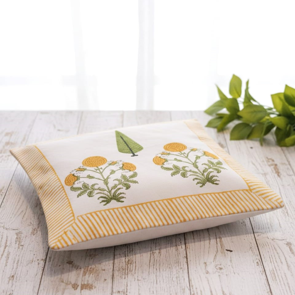 Hand-Block Print Mustard Floral Cotton Cushion Covers | 16x16"