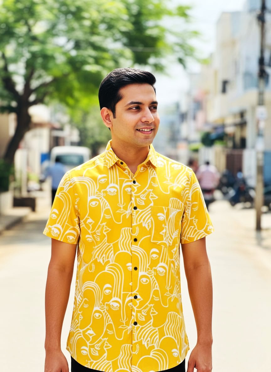 Mustard Yellow Abstract Face Art Men's Shirt