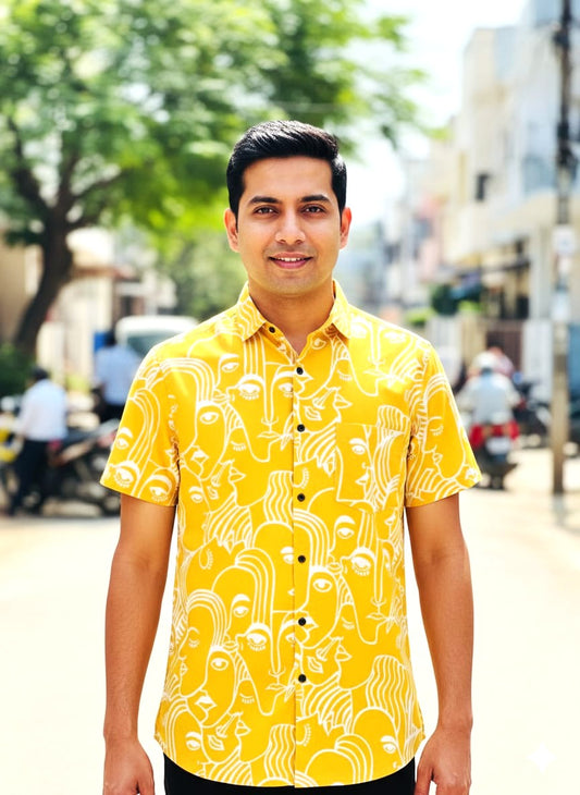 Mustard Yellow Abstract Face Art Men's Shirt