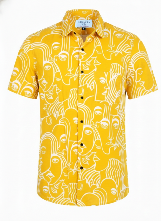 Mustard Yellow Abstract Face Art Men's Shirt