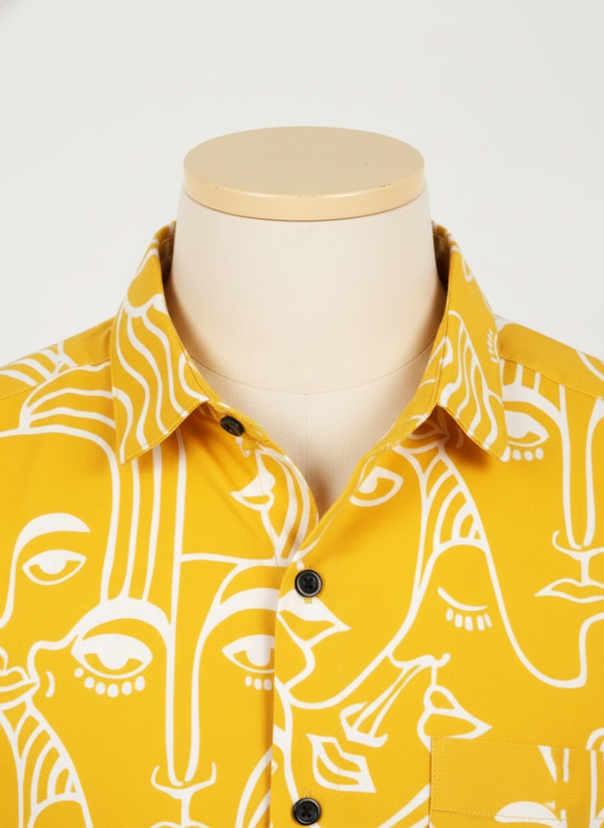 Mustard Yellow Abstract Face Art Men's Shirt