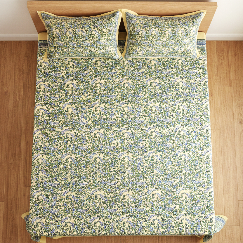 Yellow & Blue Floral Cotton Double Bedsheet Set (95X108 Inches)