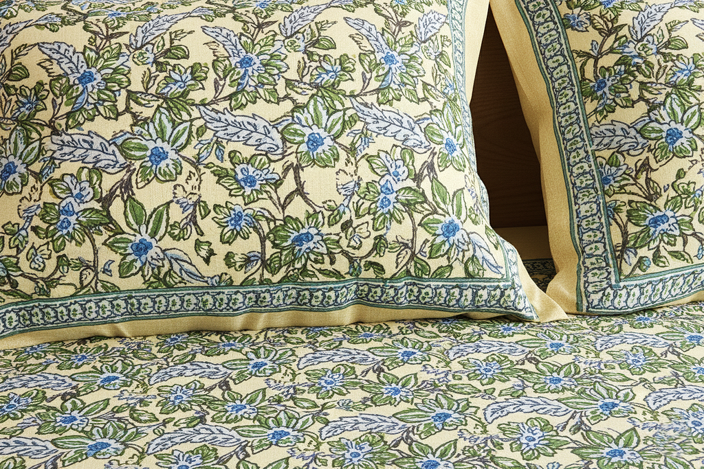 Yellow & Blue Floral Cotton Double Bedsheet Set (95X108 Inches)