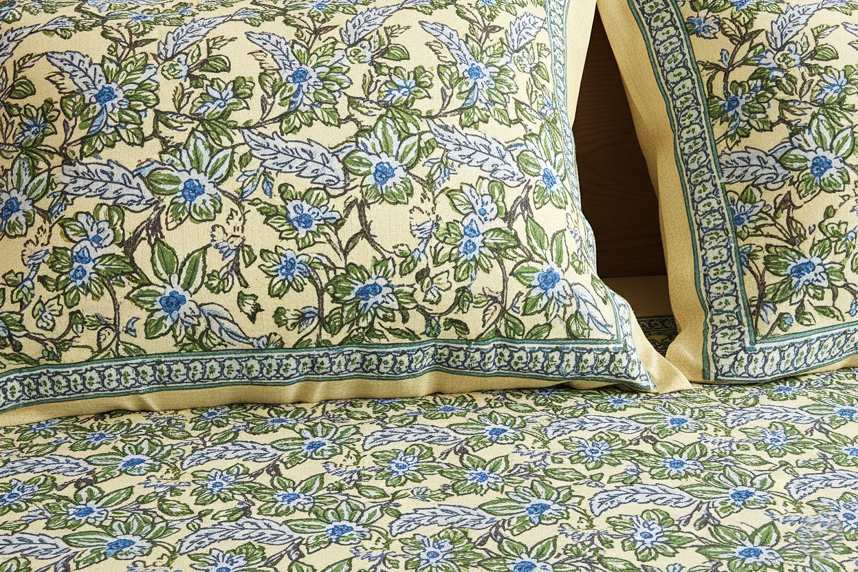 Yellow & Blue Floral Cotton Double Bedsheet Set (95X108 Inches)