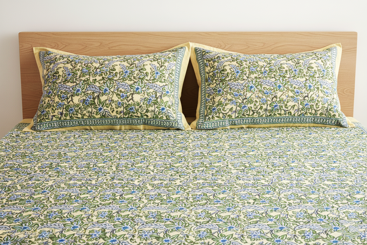 Yellow & Blue Floral Cotton Double Bedsheet Set (95X108 Inches)