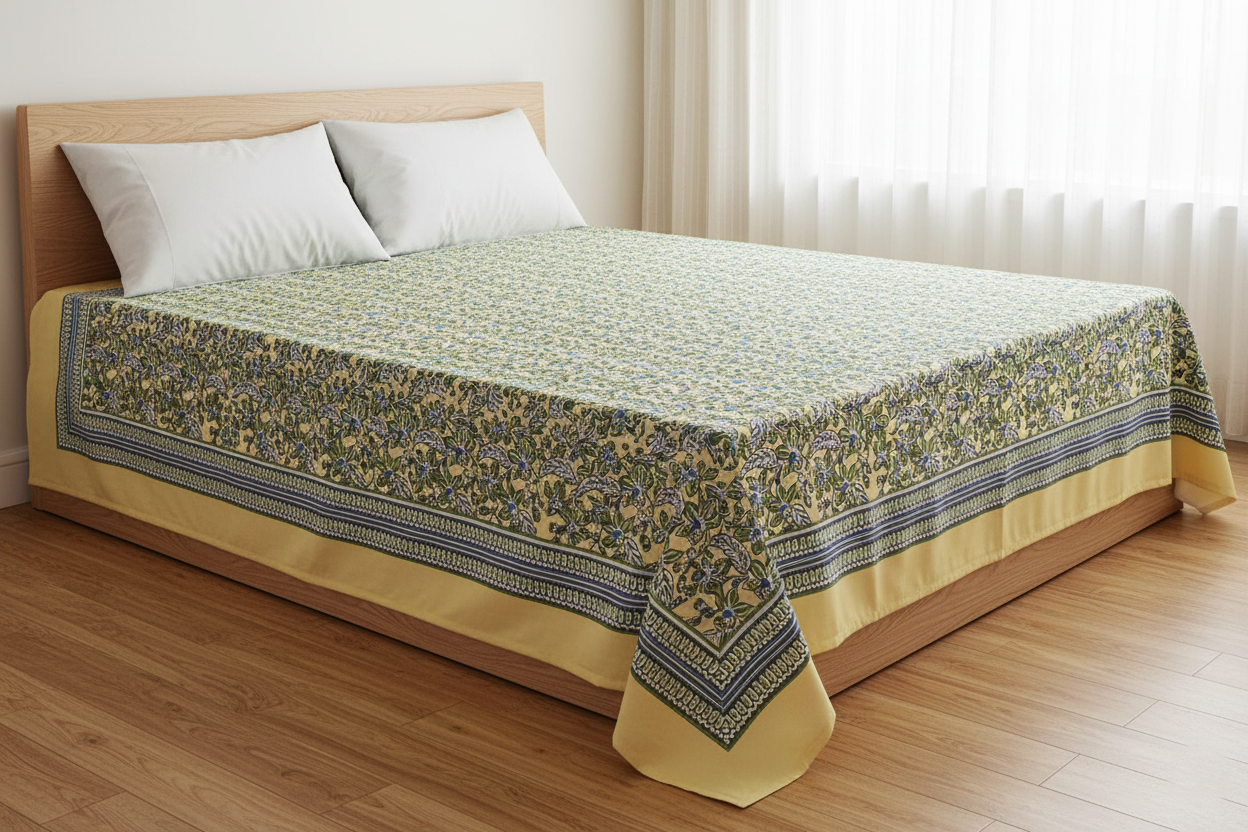 Yellow & Blue Floral Cotton Double Bedsheet Set (95X108 Inches)