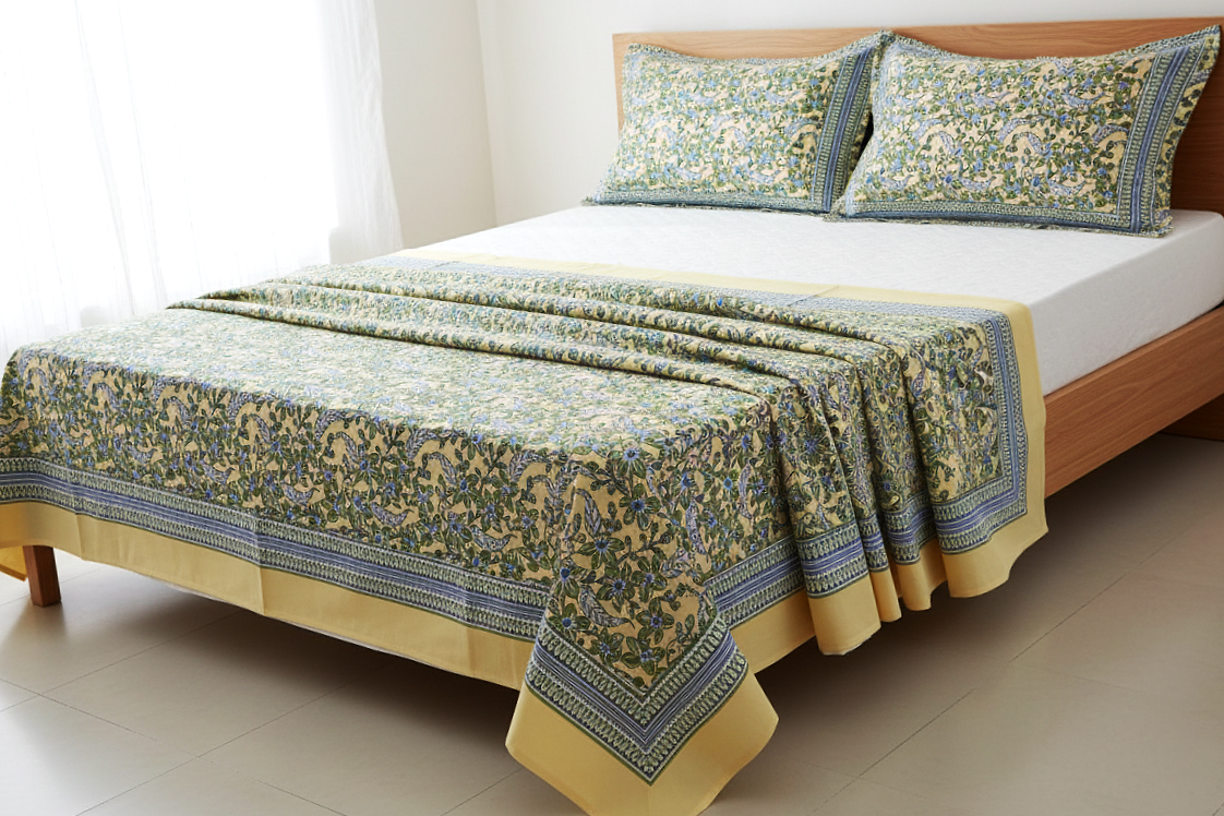 Yellow & Blue Floral Cotton Double Bedsheet Set (95X108 Inches)
