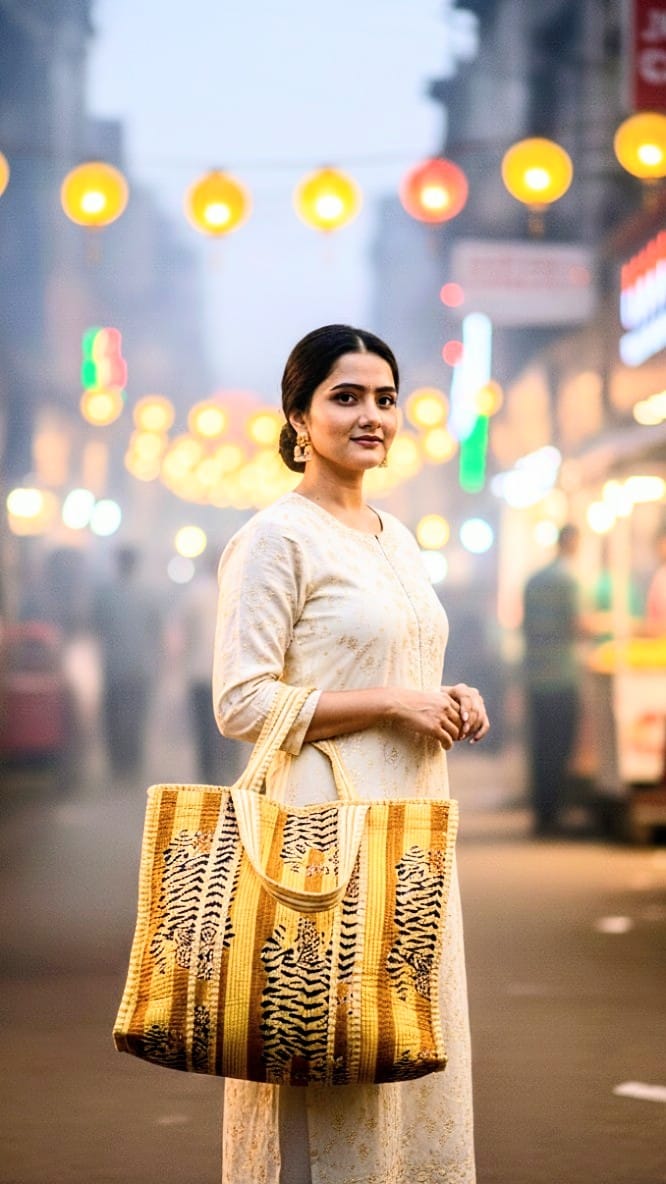 Jaipuri Yellow Cotton Tote Bag