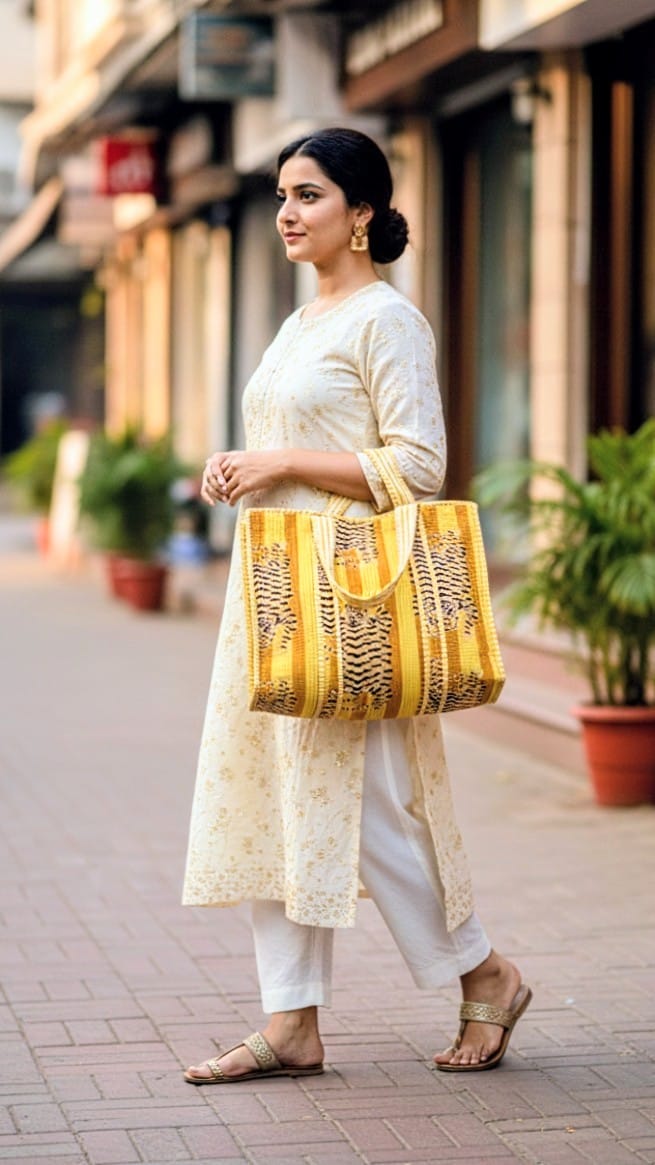 Jaipuri Yellow Cotton Tote Bag