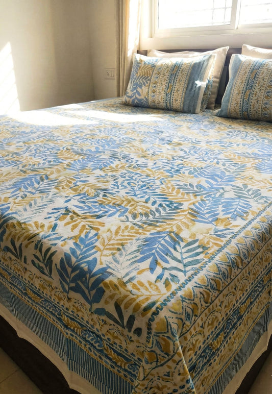 Jaipuri Floral 100% Cotton Bedsheet Set – Blue & Yellow (95×108 Inches)