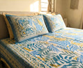 Jaipuri Floral 100% Cotton Bedsheet Set – Blue & Yellow (95×108 Inches)