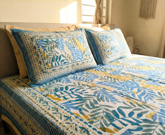 Jaipuri Floral 100% Cotton Bedsheet Set – Blue & Yellow (95×108 Inches)