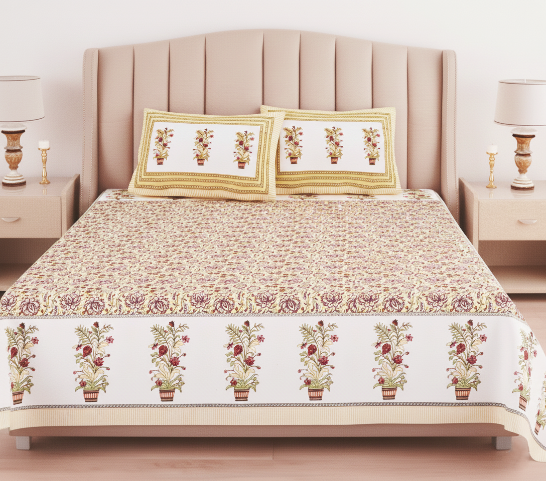 Artisan Bloom Floral Cotton Double Bedsheet Set