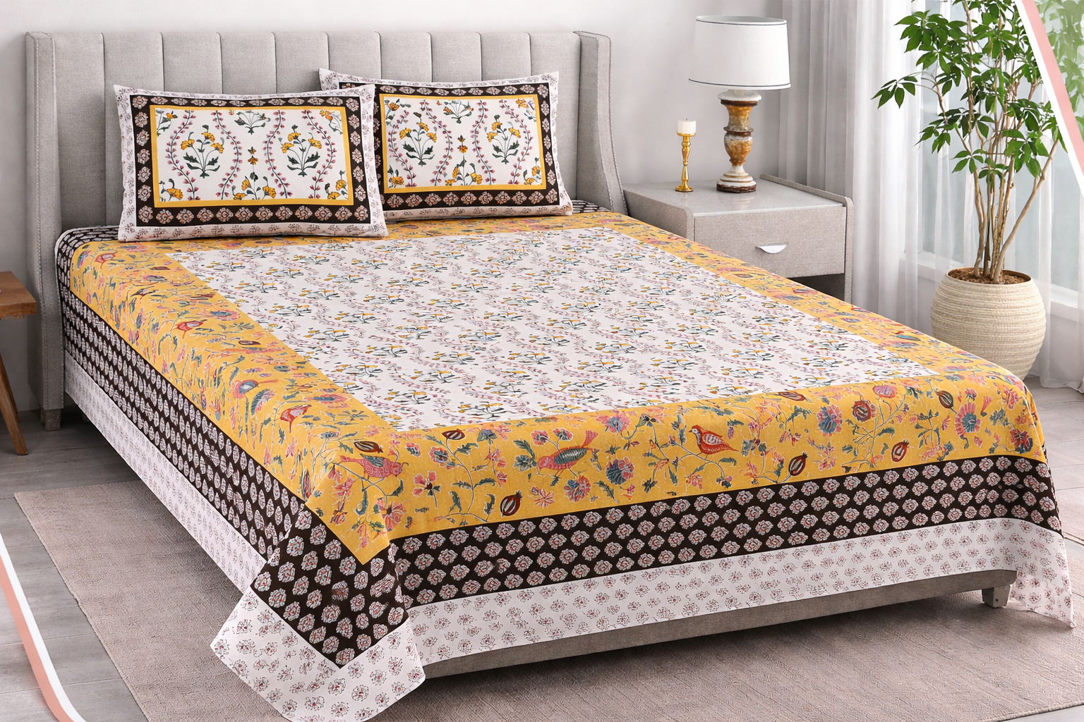 Bird Print Cotton Double Bedsheet King Size Set | King Size 95X108 Inches