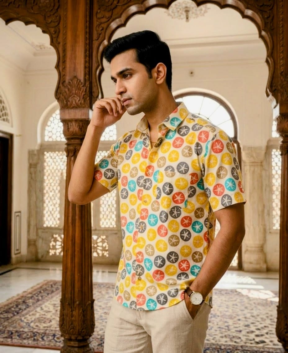 Men Multicolour Sanganeri Print Summer Cotton Shirt - Image 3