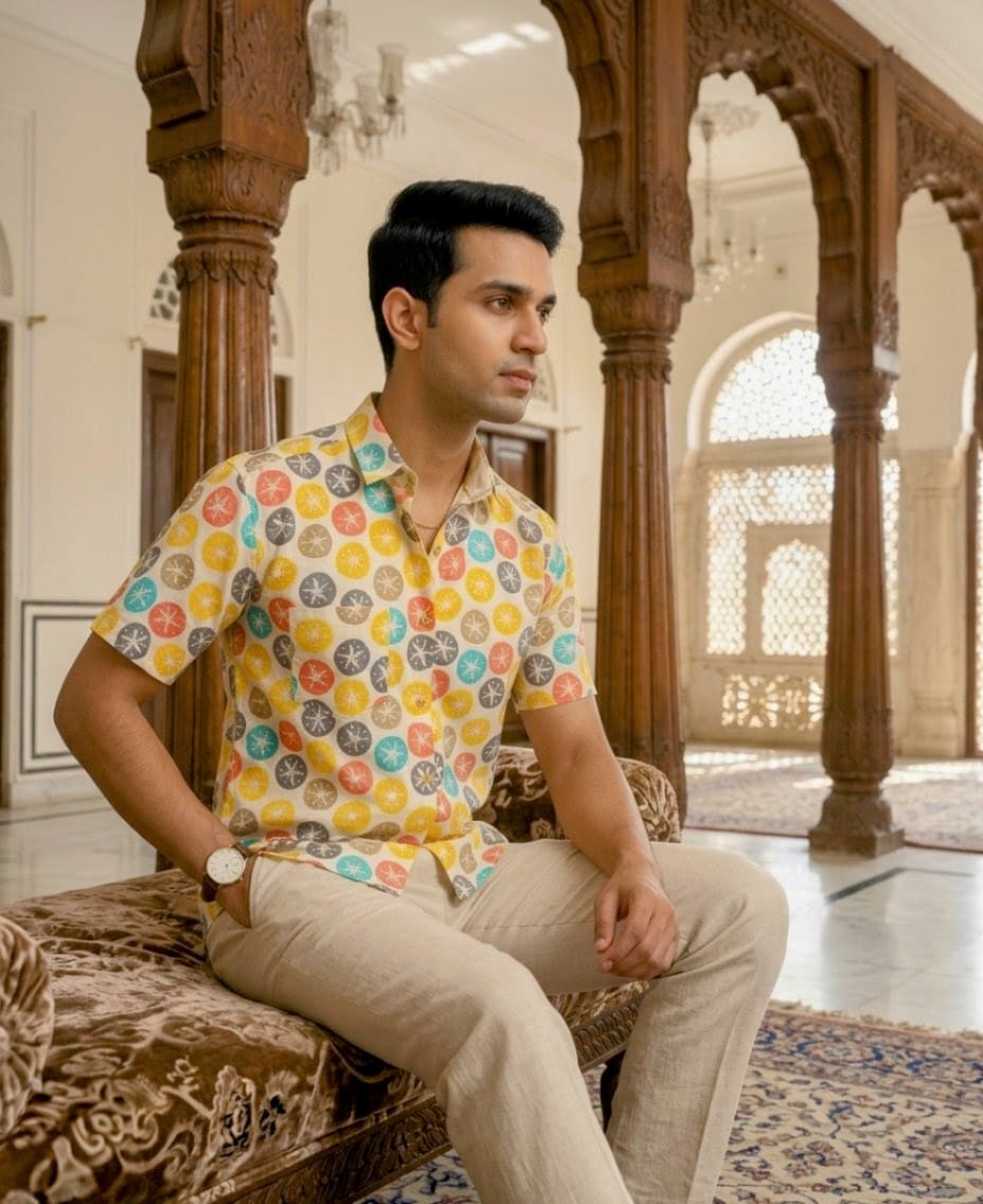 Men Multicolour Sanganeri Print Summer Cotton Shirt - Image 2