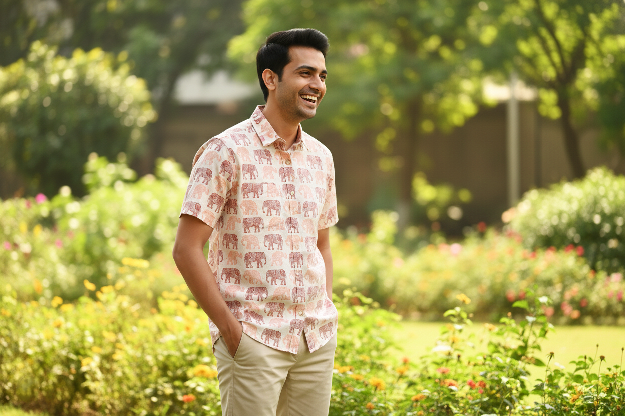 Men 100% Cotton Elephant Print Shirt