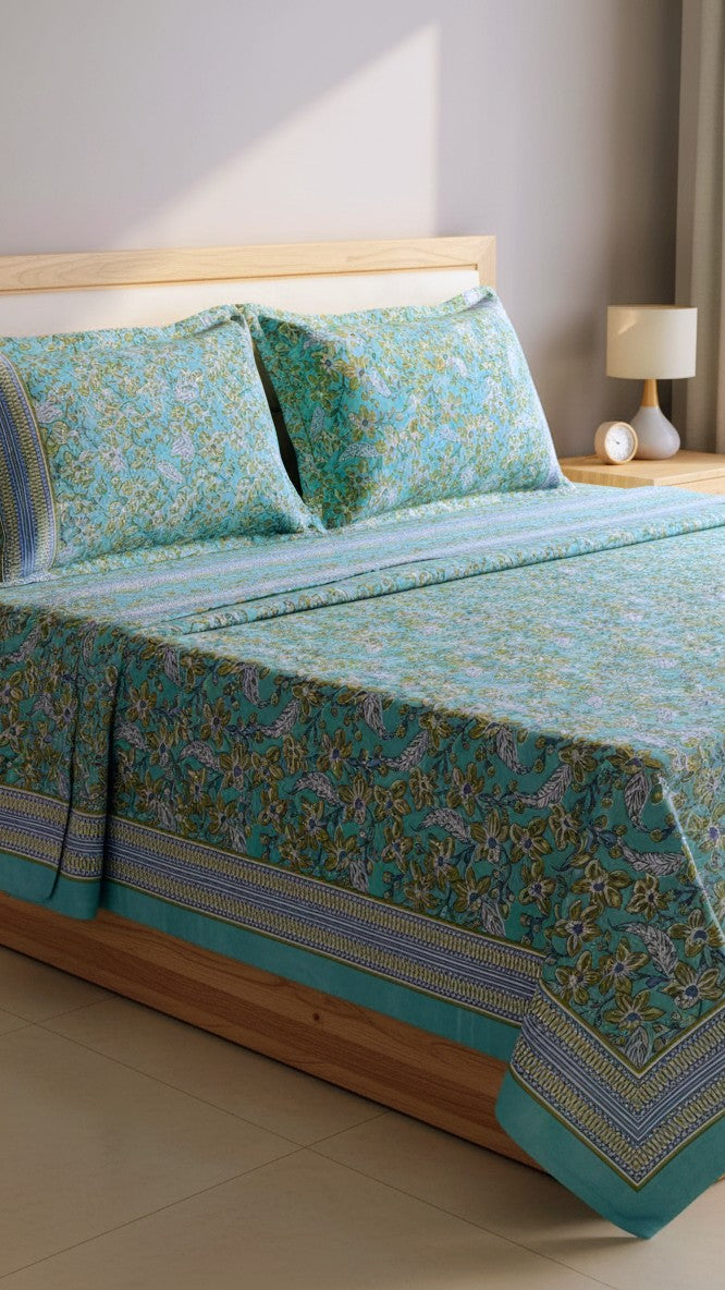 Lush Green Floral Cotton Bedsheet Set (95 X 108 Inches)