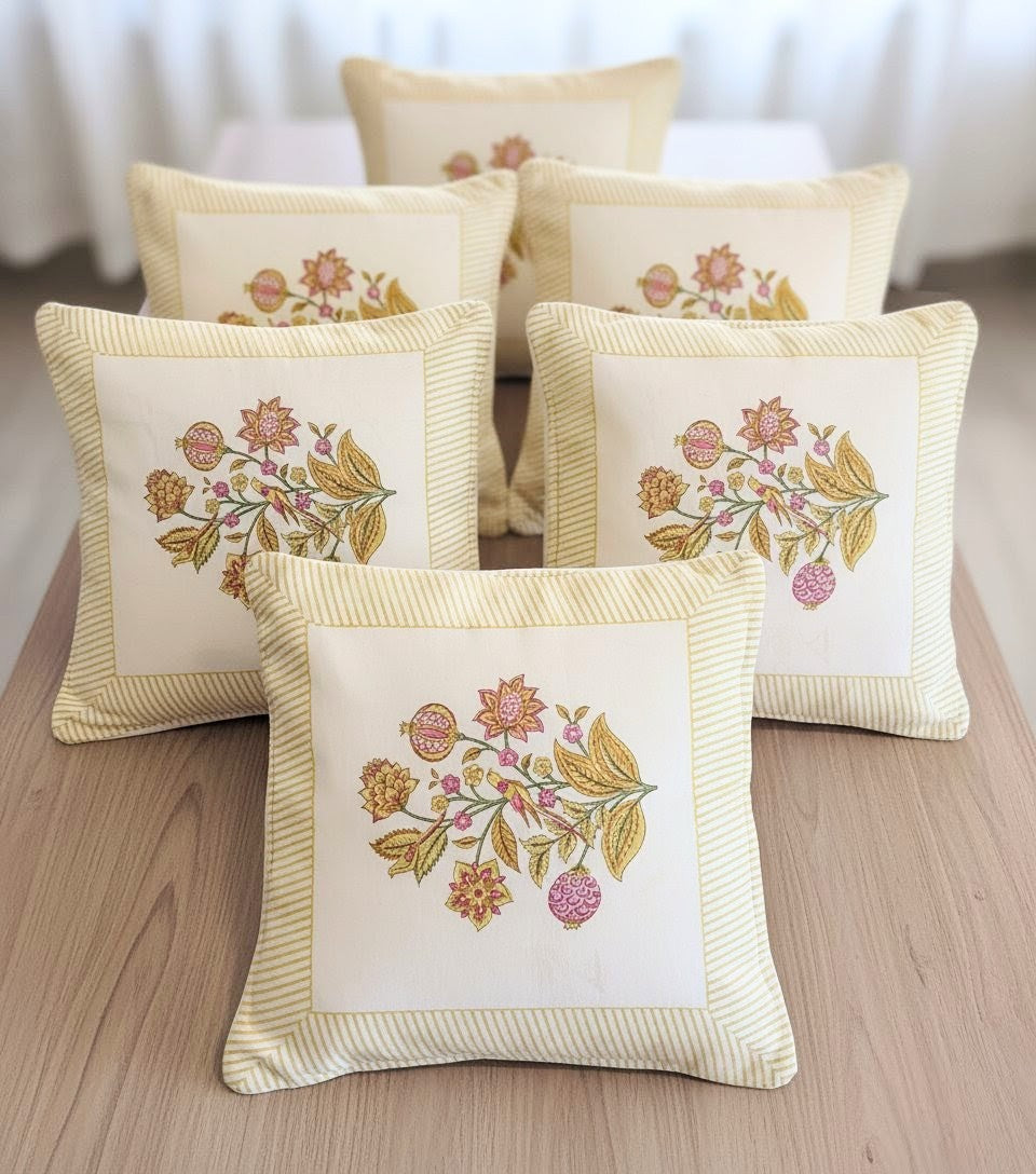 Handblock Floral Stripe Cushion Covers (Set of 5)