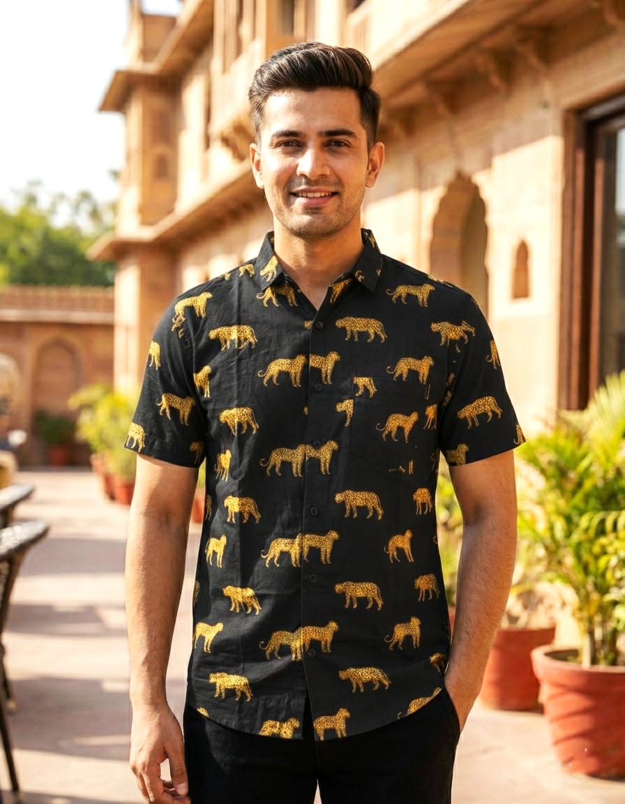 Men's Black Leopard Print Cotton Shirt