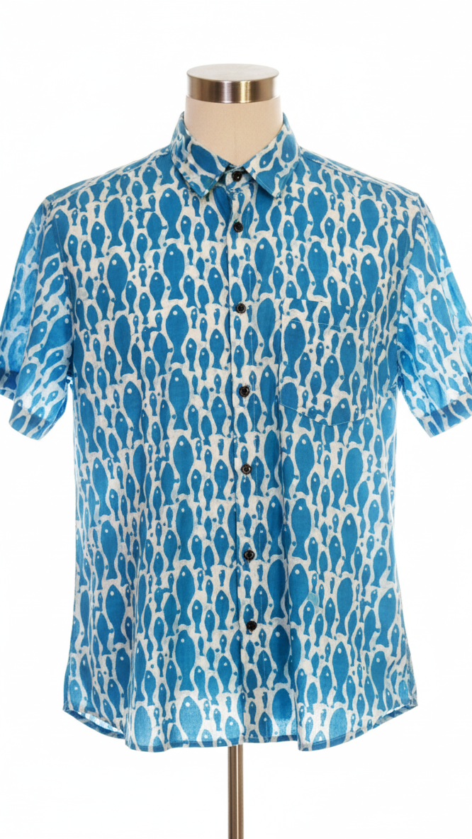 Men Aqua Blue Fish Print Casual Cotton Shirt